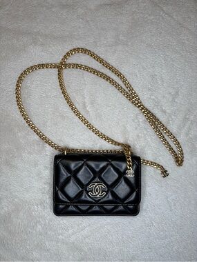CHANEL Flap Wallet On Chain Black Lambskin Gold Hardware Quilted CC Crossbody